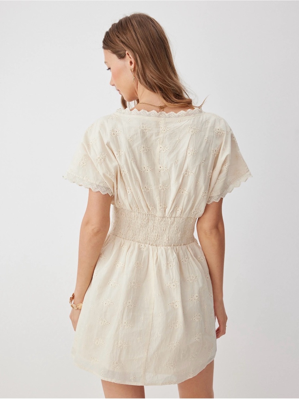 CIDER’s COTTON V-NECK BATWING SLEEVE EYELET
FLARED MINI DRESS I-0342 - Picture 7 of 16